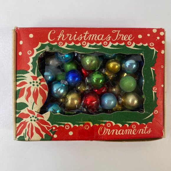 Vintage Christmas Tree Ornaments Japan Box  Set 24 Shiny Mini Balls 1950s - Picture 1 of 4